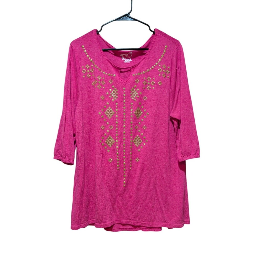 JMS Just My Size  Pink w Gold Glitter Design Keyhole Tunic Top Shirt 2X 18W-20W
